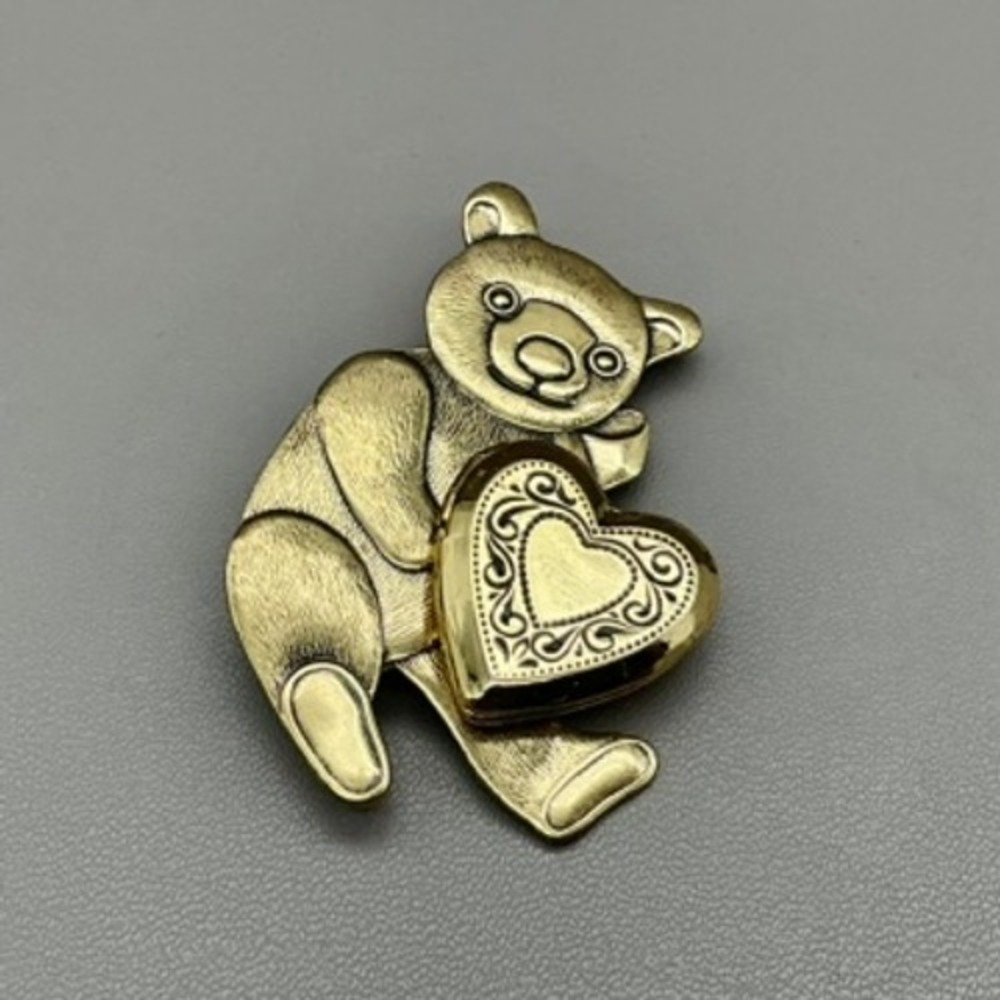 Teddy Bear Locket Brooch Pin Women Gold Tone Vintage Heart Etched Design Jewelry